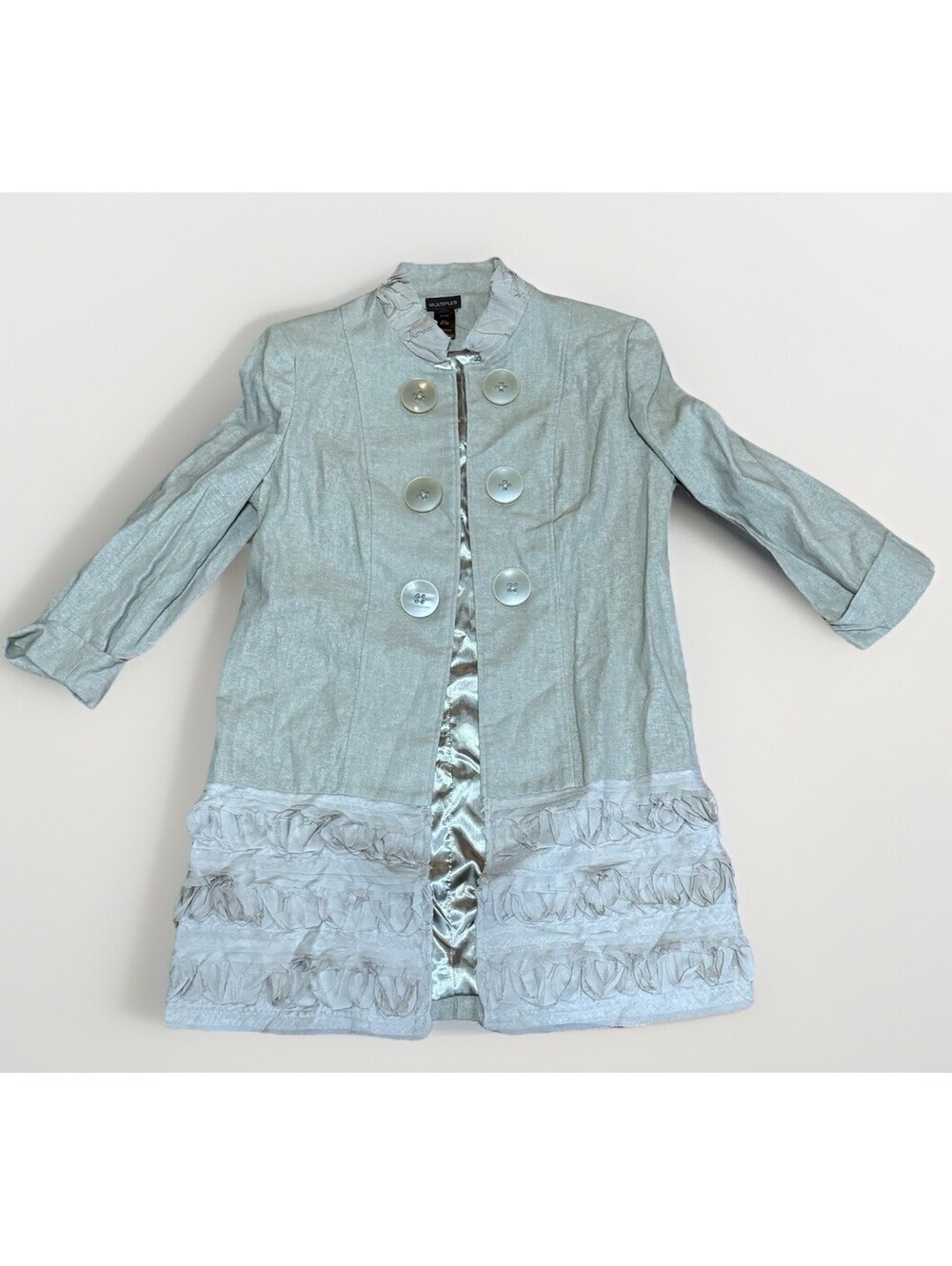 Multiples Size M Tan Linen Blend Ribbon Chiffon Trim Open Front Coat Jacket